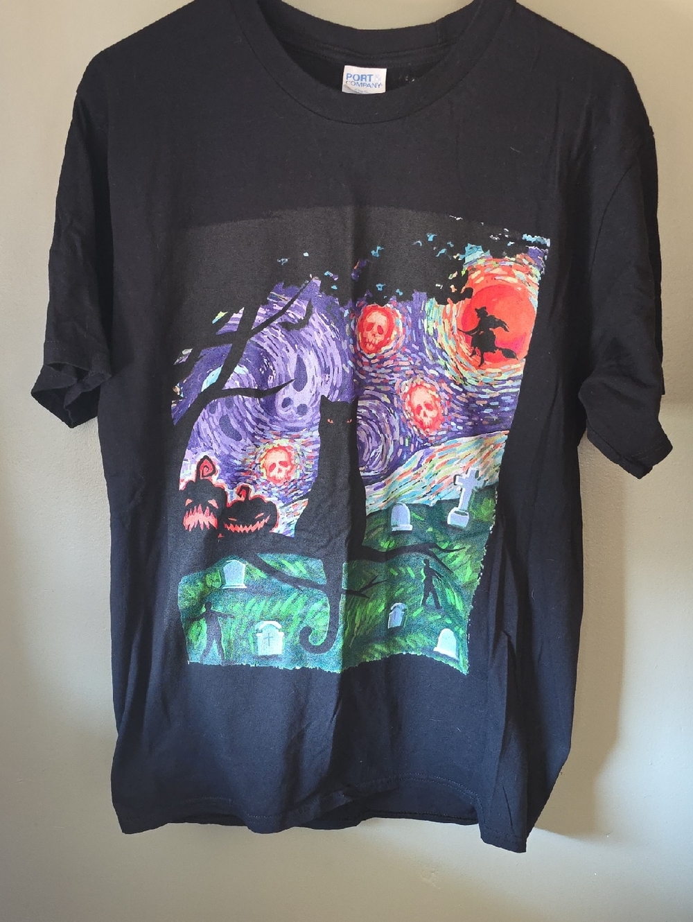 Port & Company Women's Black Graphic Short Sleeve Tee - Haunted Night Print